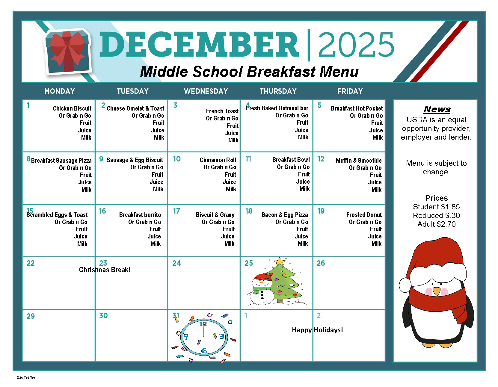 December WMS Breakfast Menu